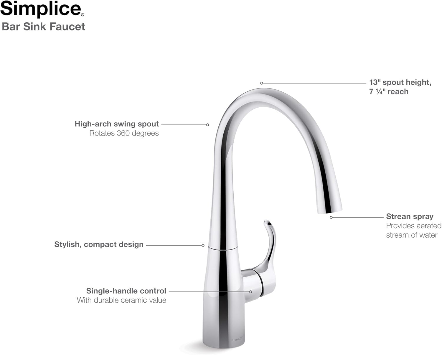 KOHLER 22034-VS Simplice Single-Handle Bar Sink Faucet, Secondary Kitchen Faucet, Bar Faucet, Vibrant Stainless