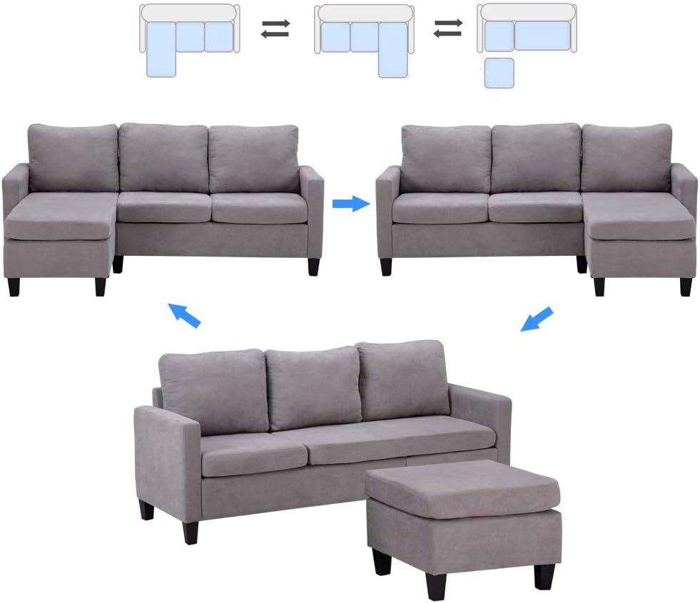 Convertible Sectional Sofa Couch, Modern Linen Fabric L-Shaped Couch 3-Seat Sofa Sectional with Reversible Chaise for Small Living Room, Apartment and Small Space (Light Grey)