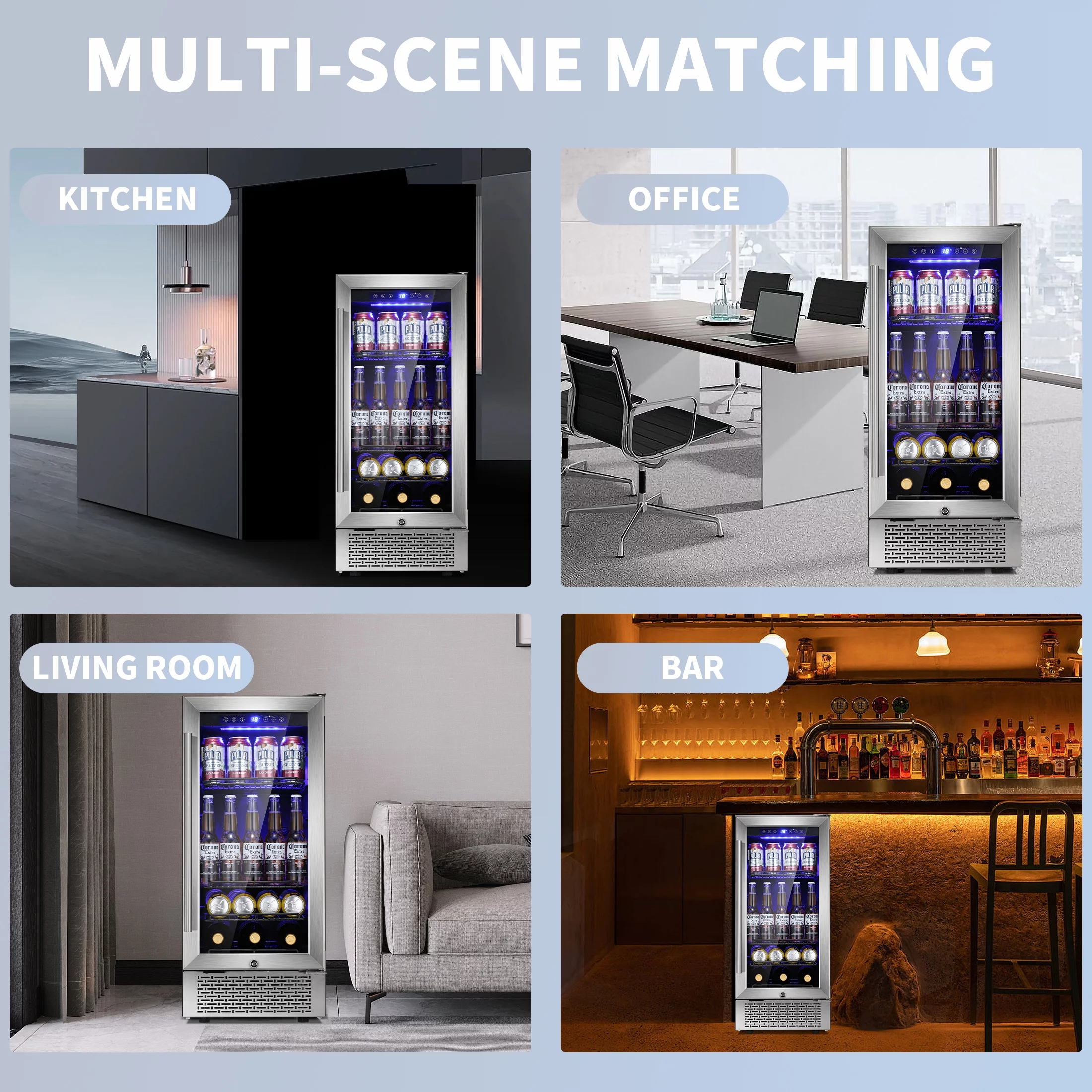 Auseo 15 inch Beverage Refrigerator, Built-in Wine Cooler, Mini Beverage Fridge, Clear Glass Door, Digital Memory Temperature Control, Beer Soda LED Light& Quiet Operation
