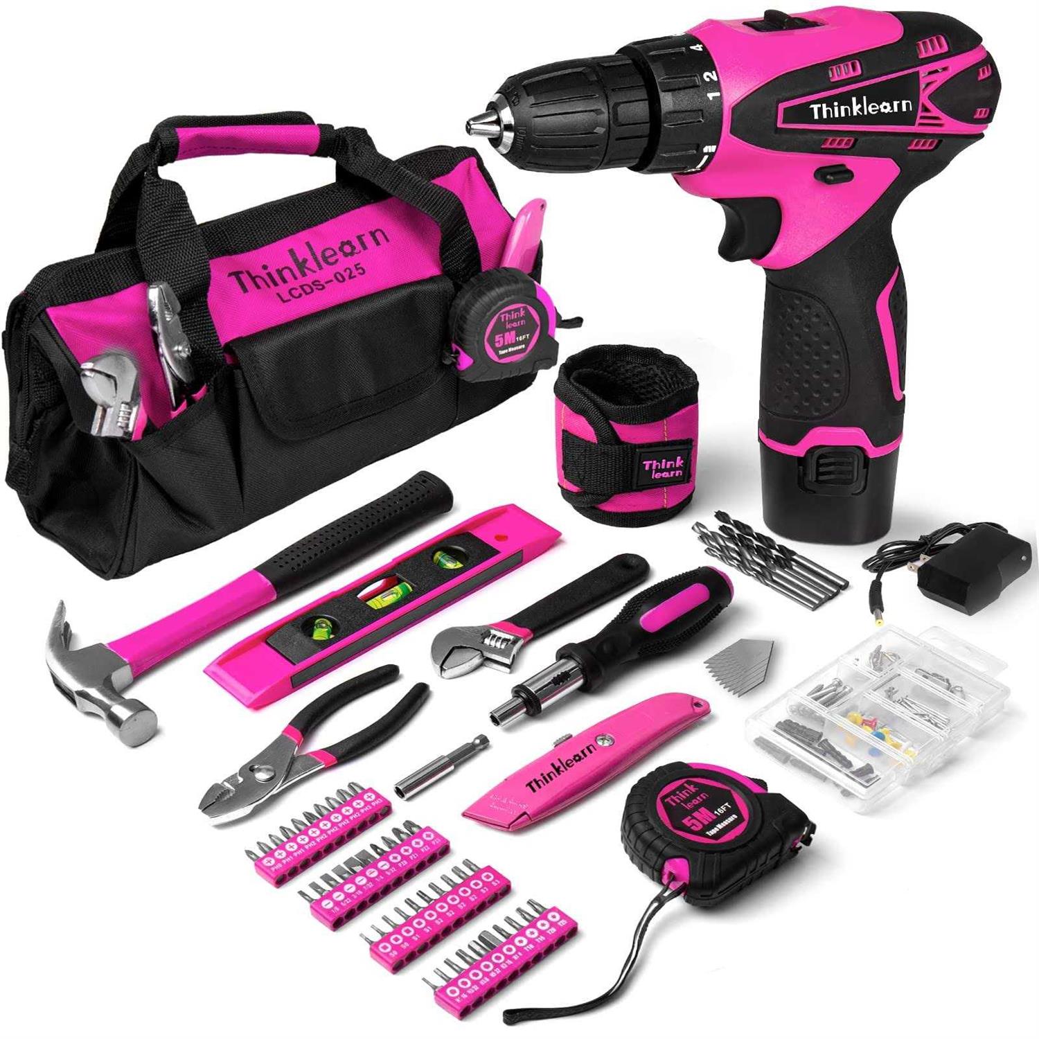 ThinkLearn Pink Drill Set for Women, 137 Piece Hand and Power Tool Set with 12V Cordless Drill - Shop Hardware Tools Online Store