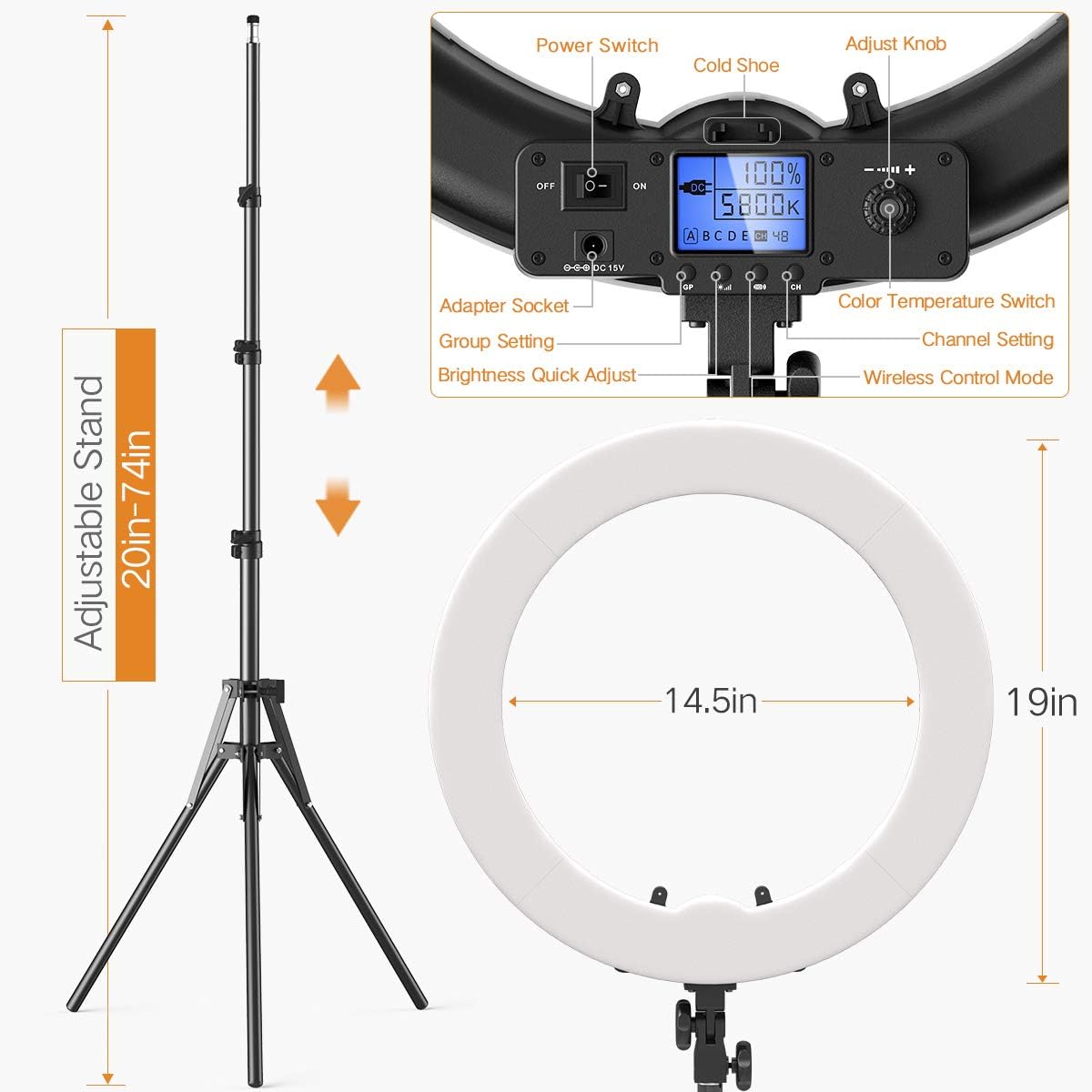 Pixel Ring Light, 19" Bi-Color LCD Display Ring Light with Stand, 55W 3000-5800K CRI≥97 Light Ring for Vlogging Selfie-Portrait Live Stream Video Photography Shooting
