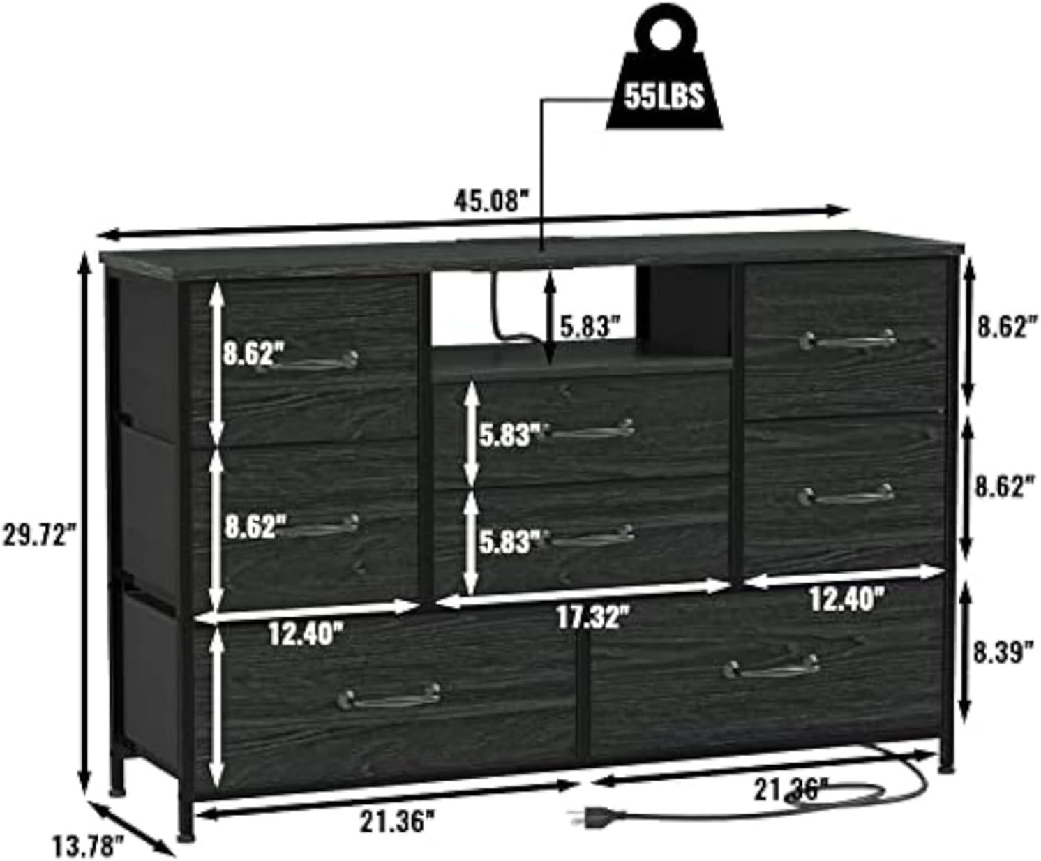 Dresser TV Stand with Power Outlet for 55'' Long TV, Entertainment Center with 8 Deep Drawers,Wide Chest of Drawer,Entertainment Center, Black, aa-00
