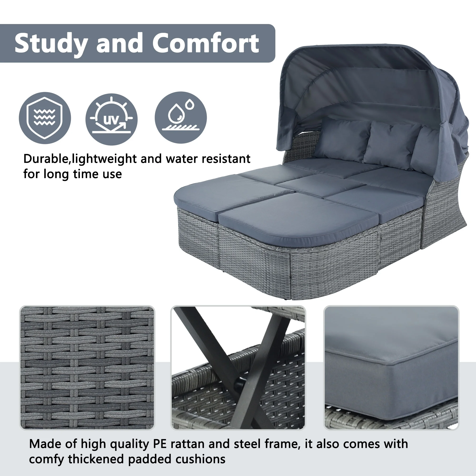 Holaki Outdoor Patio Rectangle Daybed with Retractable Canopy, Wicker Furniture Sectional Seating with Washable Cushions, Gray