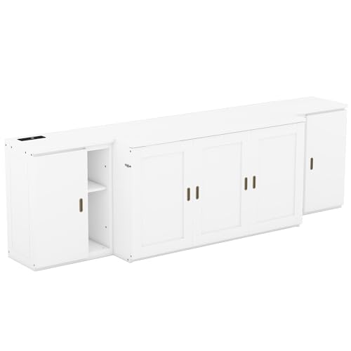 Queen Size Mobile Murphy Cabinets Bed with USB Ports, Traditional Solid Wood Murphy Bed Floor Storage Bed for Guest Room Home Office, No Box Spring Required (White-M5)