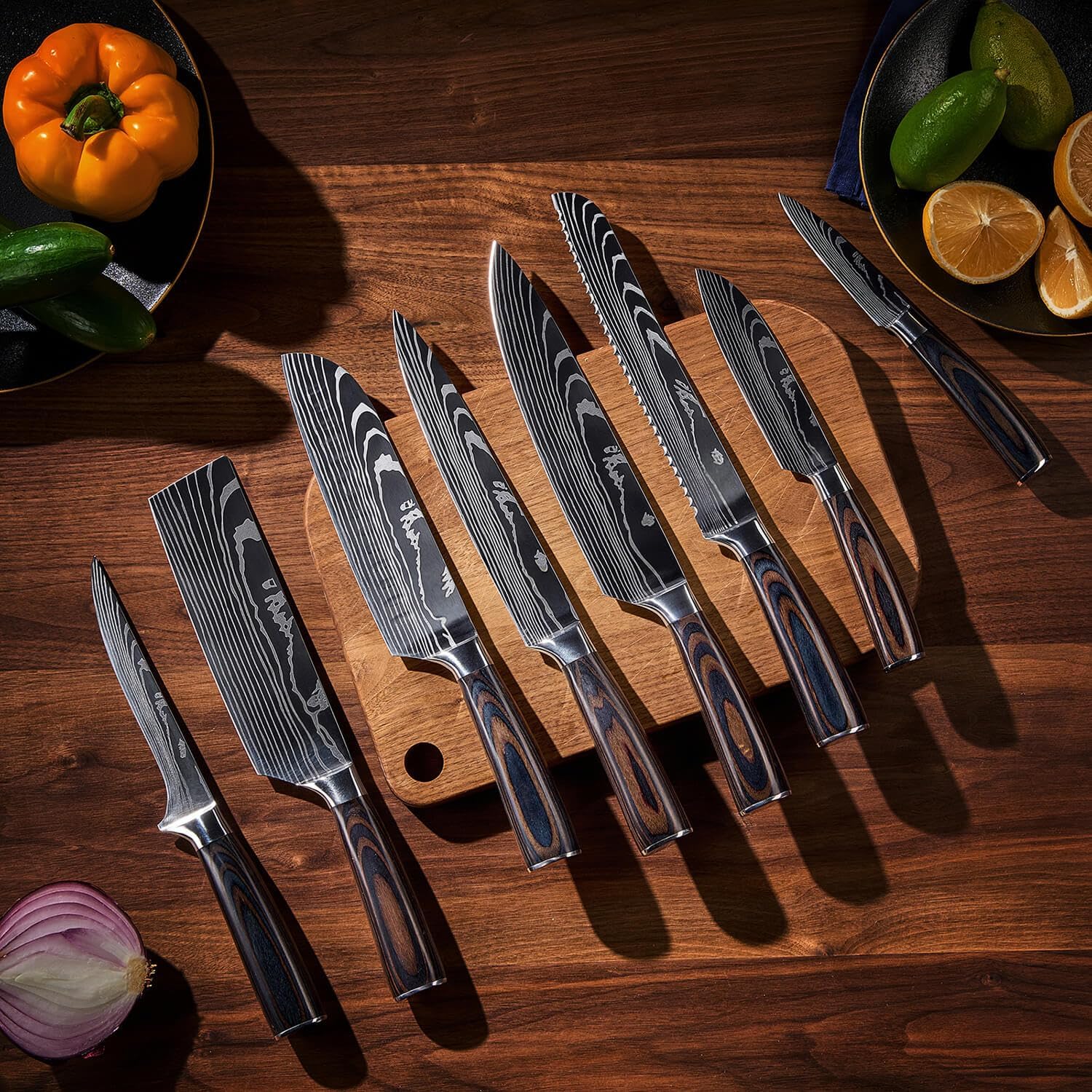 SENKEN 8-piece Premium Japanese Kitchen Knife Set with Laser Damascus Pattern - Imperial Collection - Ultra Sharp for Very Fast Cutting