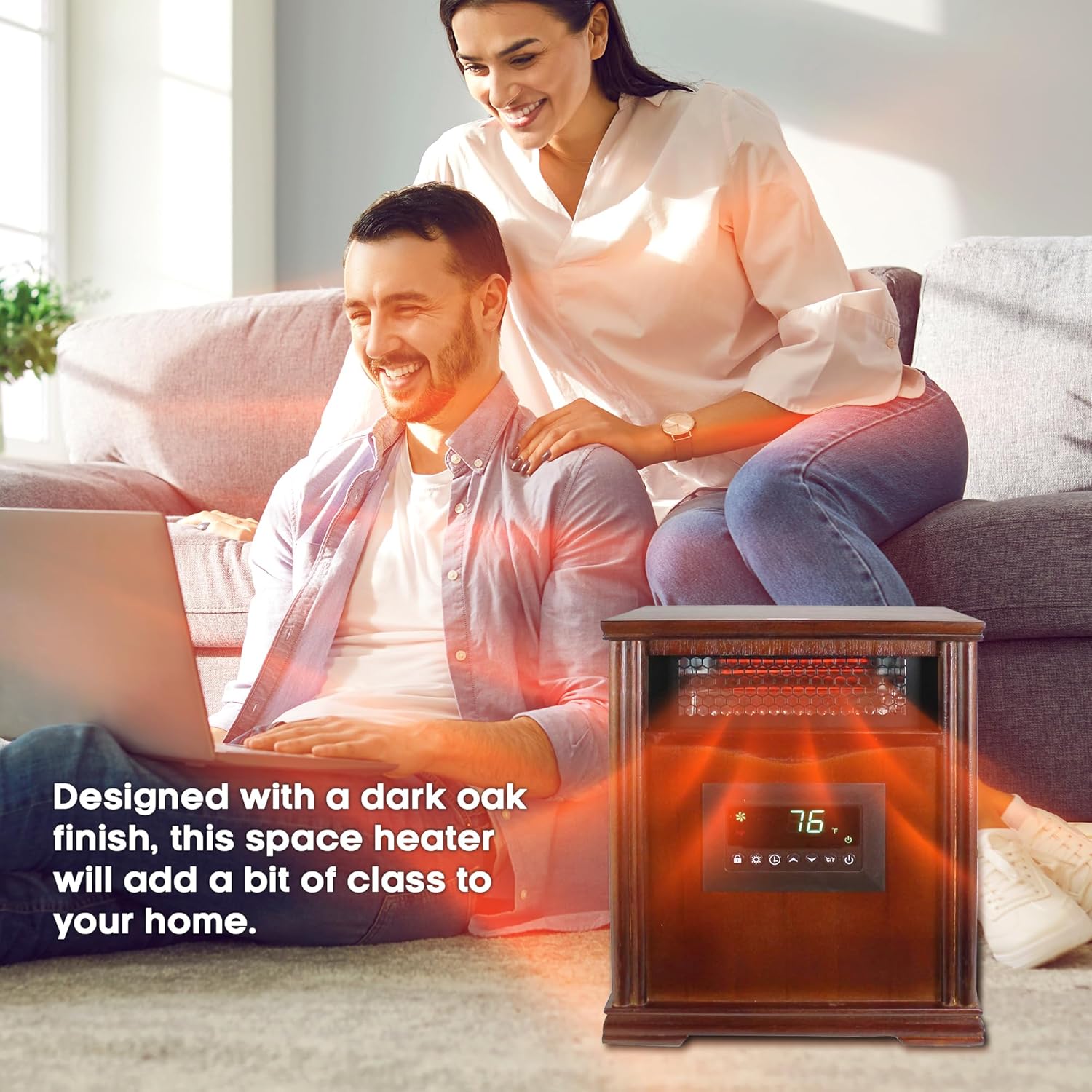 Lifesmart LifePro 1500W Portable Electric Infrared Quartz Space Heater for Indoor Use with 4 Heating Elements and Remote Control, Brown Oak Wood