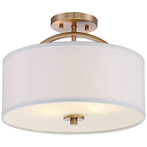 Possini Euro Design Halsted Modern Industrial Close to Ceiling Light Semi Flush Mount Fixture 15" Wide Warm Brass Gold White Linen Drum Shade for Bedroom Kitchen Living Room Hallway Bathroom