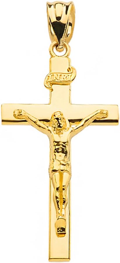 Solid 14k Yellow Gold Cross INRI Crucifix Charm Pendant (1.60")
