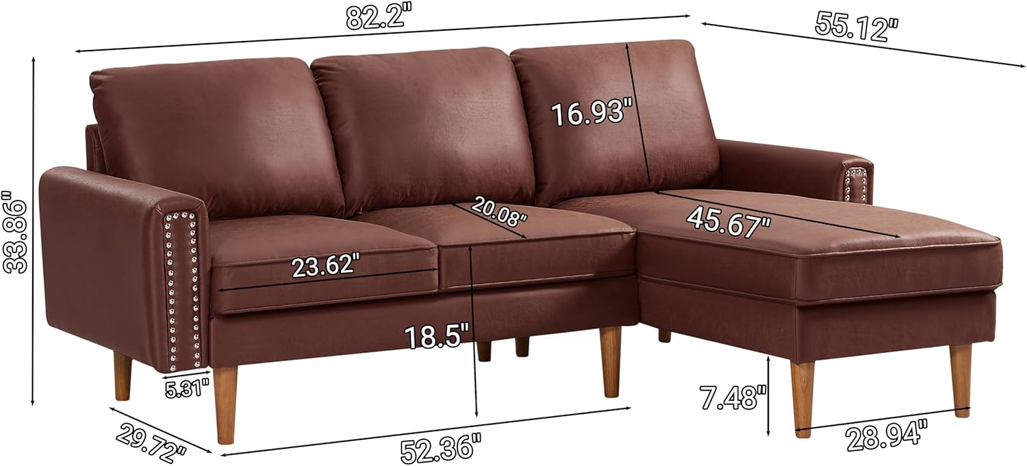 82.2" Mid Century Suede Leather Sofa with Right Chaise Lounge, 3 Seater Modern L-Shaped Couch w/Nail Armrests and Comfy Cushions, Deep Seat Corner Sectional for Living Room Bedroom Apartment