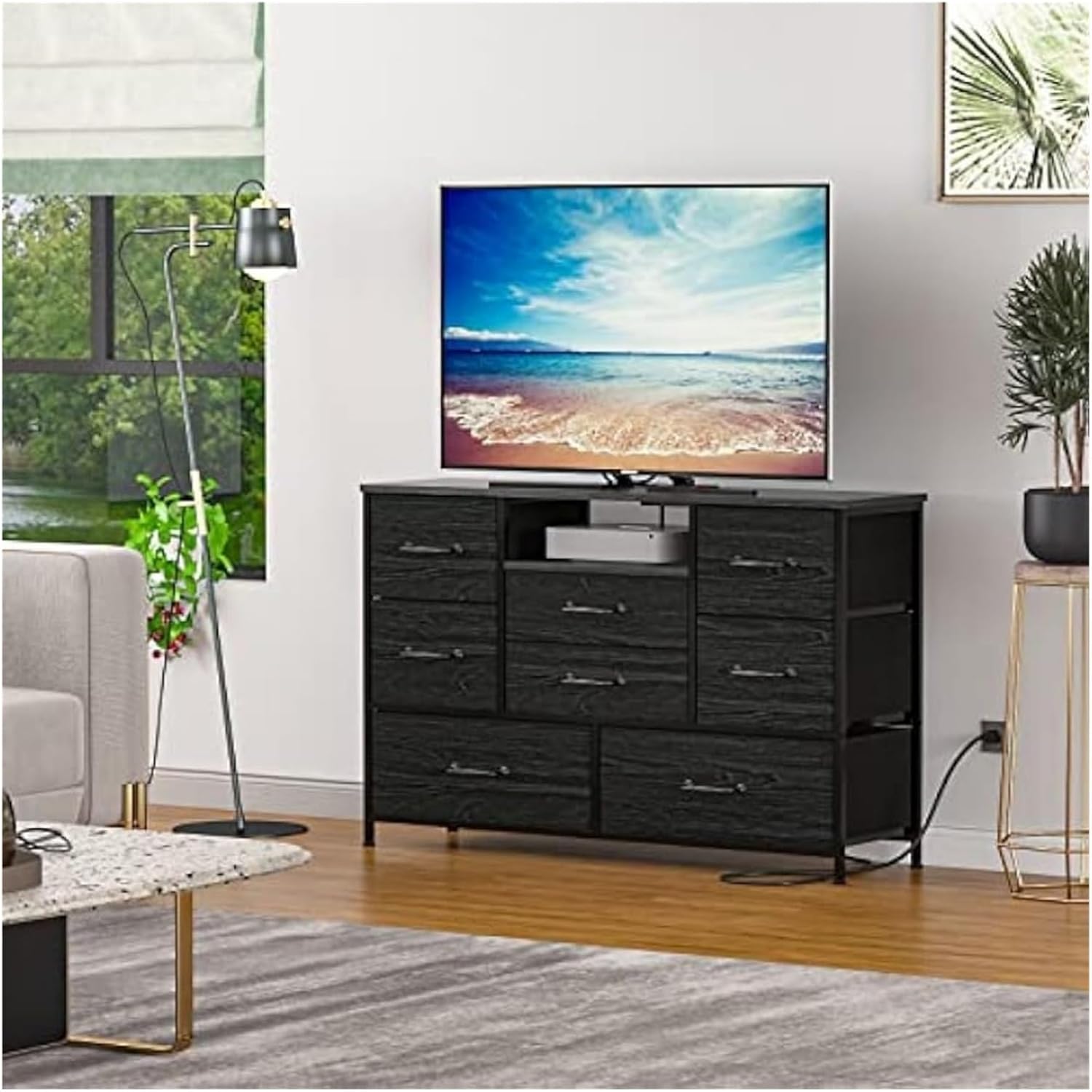 Dresser TV Stand with Power Outlet for 55'' Long TV, Entertainment Center with 8 Deep Drawers,Wide Chest of Drawer,Entertainment Center, Black, aa-00