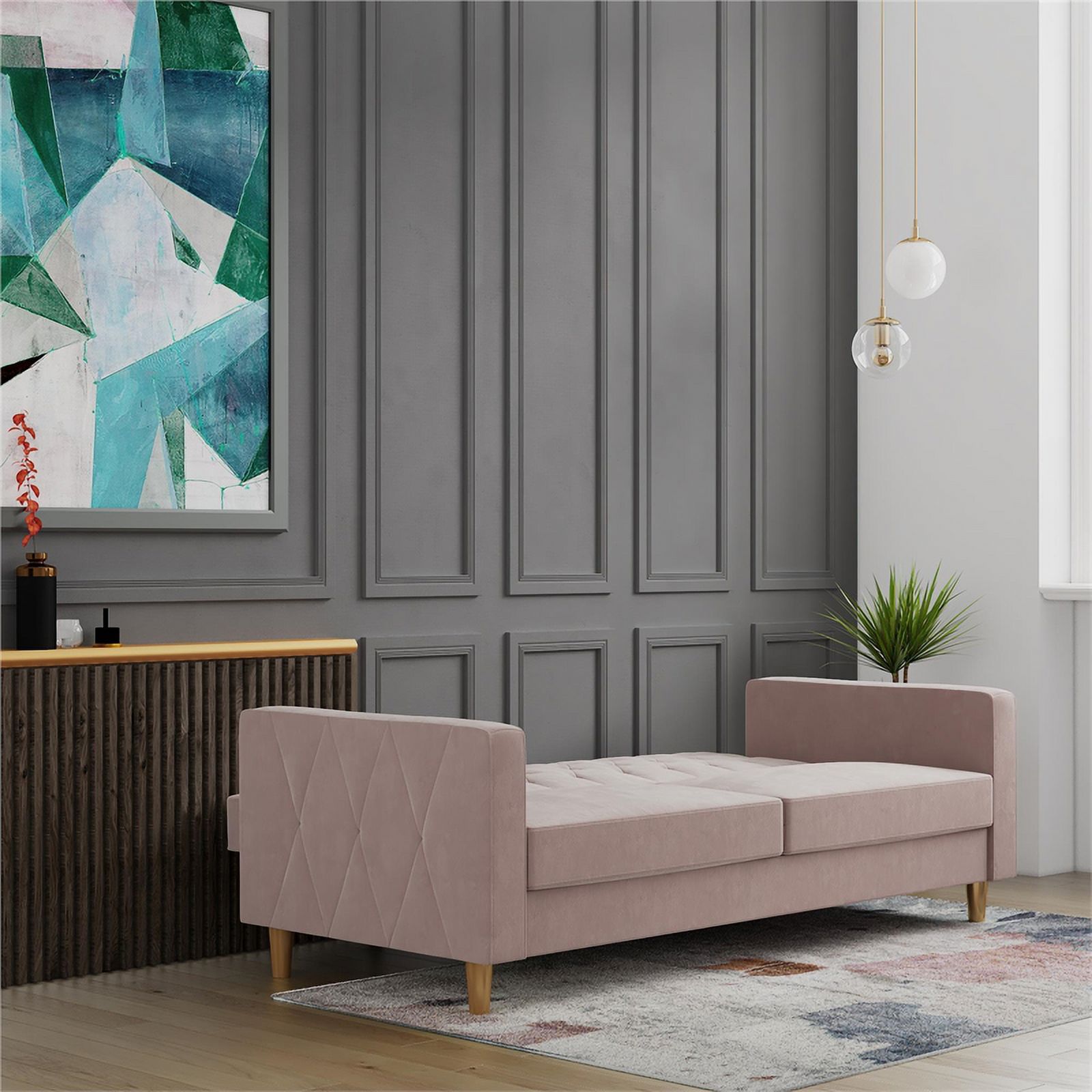Pemberly Row Contemporary Futon with Storage in Blush Velvet