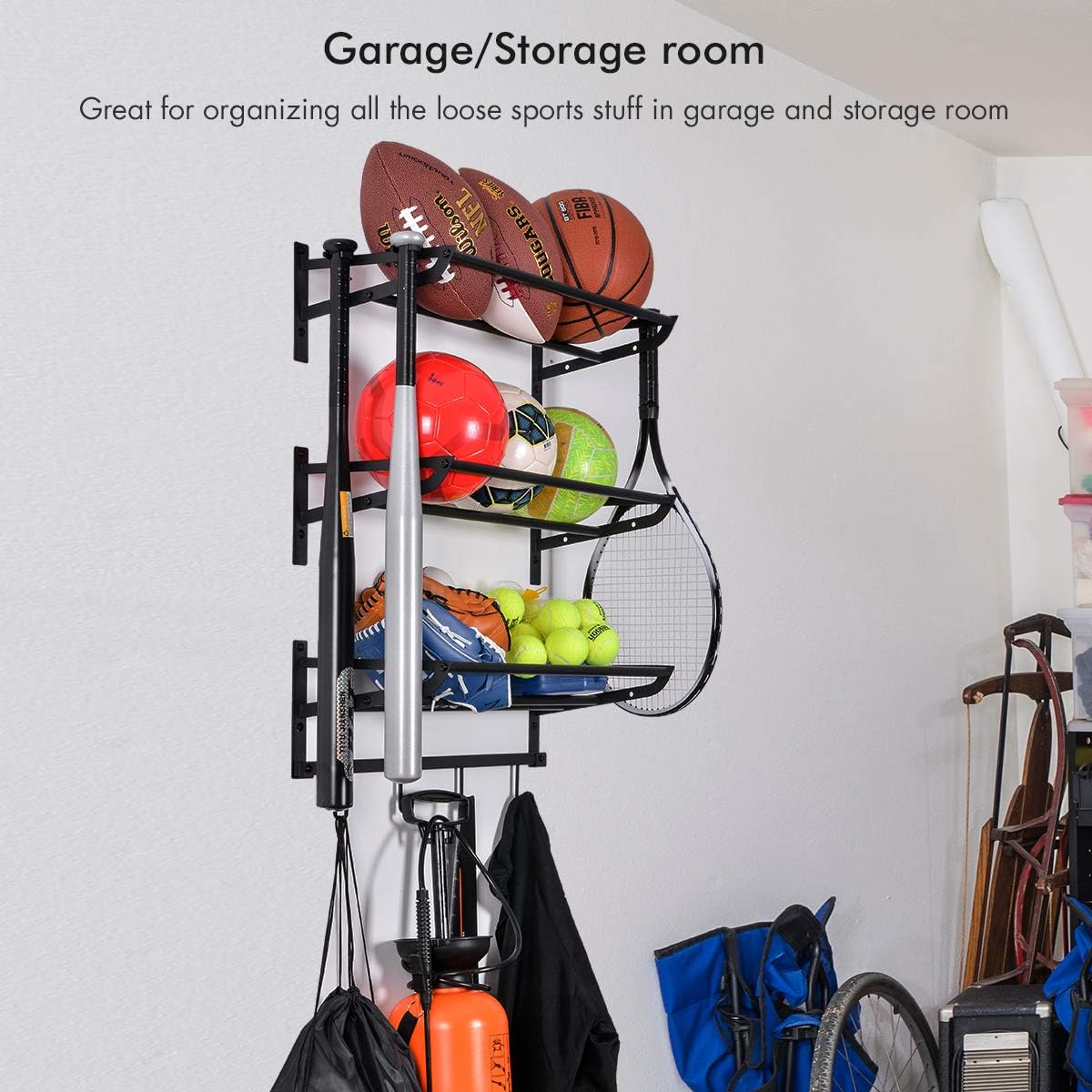 Sunix Garage Sports Equipment Storage, Basketball Rack with 3 Racks, Sports Equipment Organizer Wall Mount Shelf with 4 Hooks for Rackets, Sports Equipment Storage Rack, Basketball Rack Pack of 2