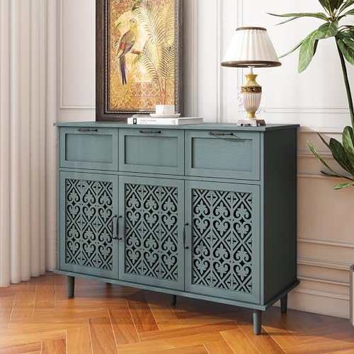 Sideboard Buffet Cabinet with Storage - Accent Storage Cabinet American Furniture, Modern 2 Door 3 Drawer Cabinet, Farmhouse Wood Credenza for Living Room, Bedroom, Dining Room (Blue)