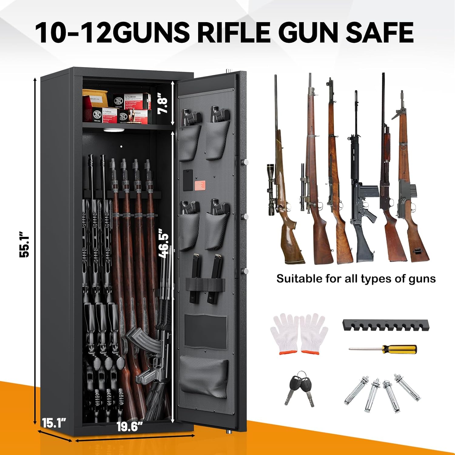 KAER [NEW 13-15 Large Gun Safe] Gun Safe for Rifles and Pistols, Gun Safes & Cabinets, Gun Safes, Quick Access Rifle Safe with Adjustable Shelve & Adjustable Racks & Door Panel Organizer