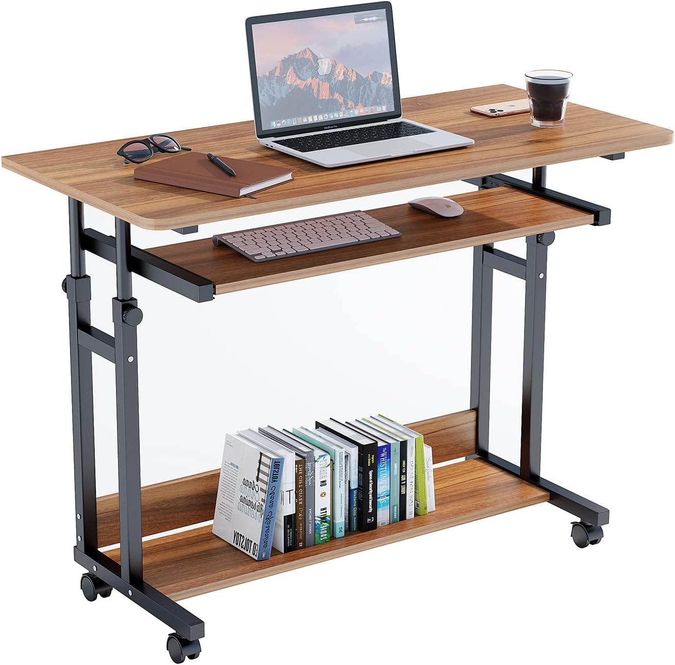 Dripex Rolling Desk - 31.5” Adjustable Computer Desk Home Office Computer Workstation Mobile Writing Table Laptop Cart with Locking Wheels Keyboard Tray, Black