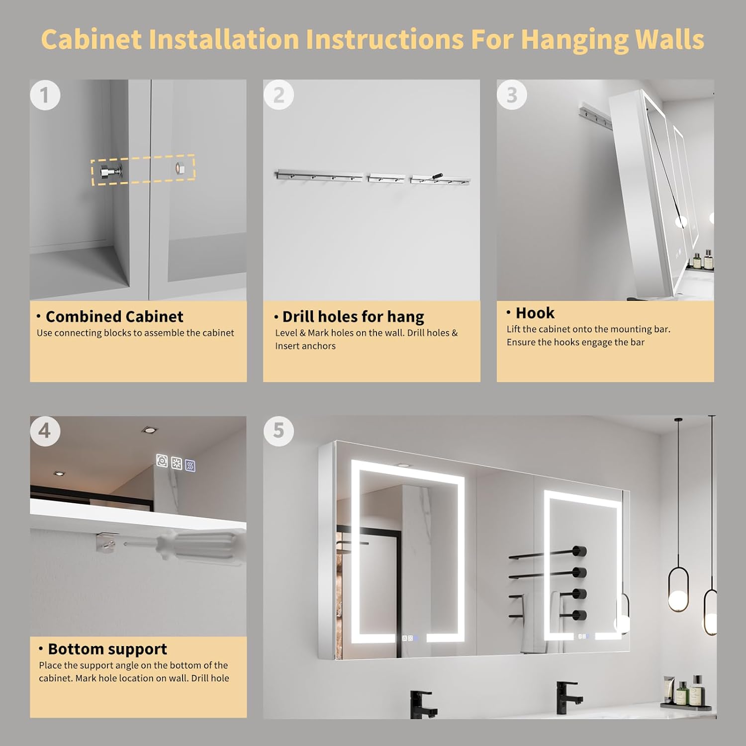 ExBrite LED Lighted Bathroom Medicine Cabinet with Mirror, 60 x 30 Inch, led Medicine Cabinet with Extra Closed Storage Cabinet,Defog, Stepless Dimming,Color Temper Change, 2 Outlets,Storage Shelves