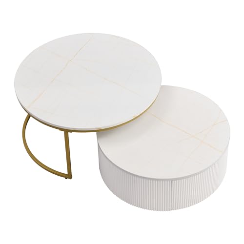 Round Nesting Coffee Table Set of 2 with Drawers, Stacking Sofa Side Furniture w/White Glossy Marble Veneer Top, Gold Frame, Fluted Design, for Living Room