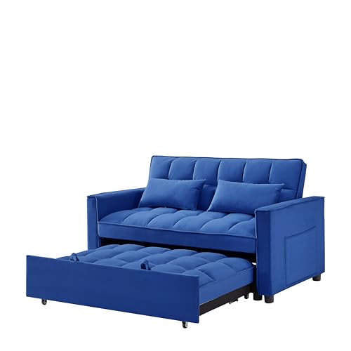 3 in 1 Convertible Sleeper Sofa Bed,Futon Loveseat Couch with Pull-Out Bed & Adjustable Backrest,Velvet Fabric Sofa with Side Pocket for Small Apartment, Living Room, Office (Black)