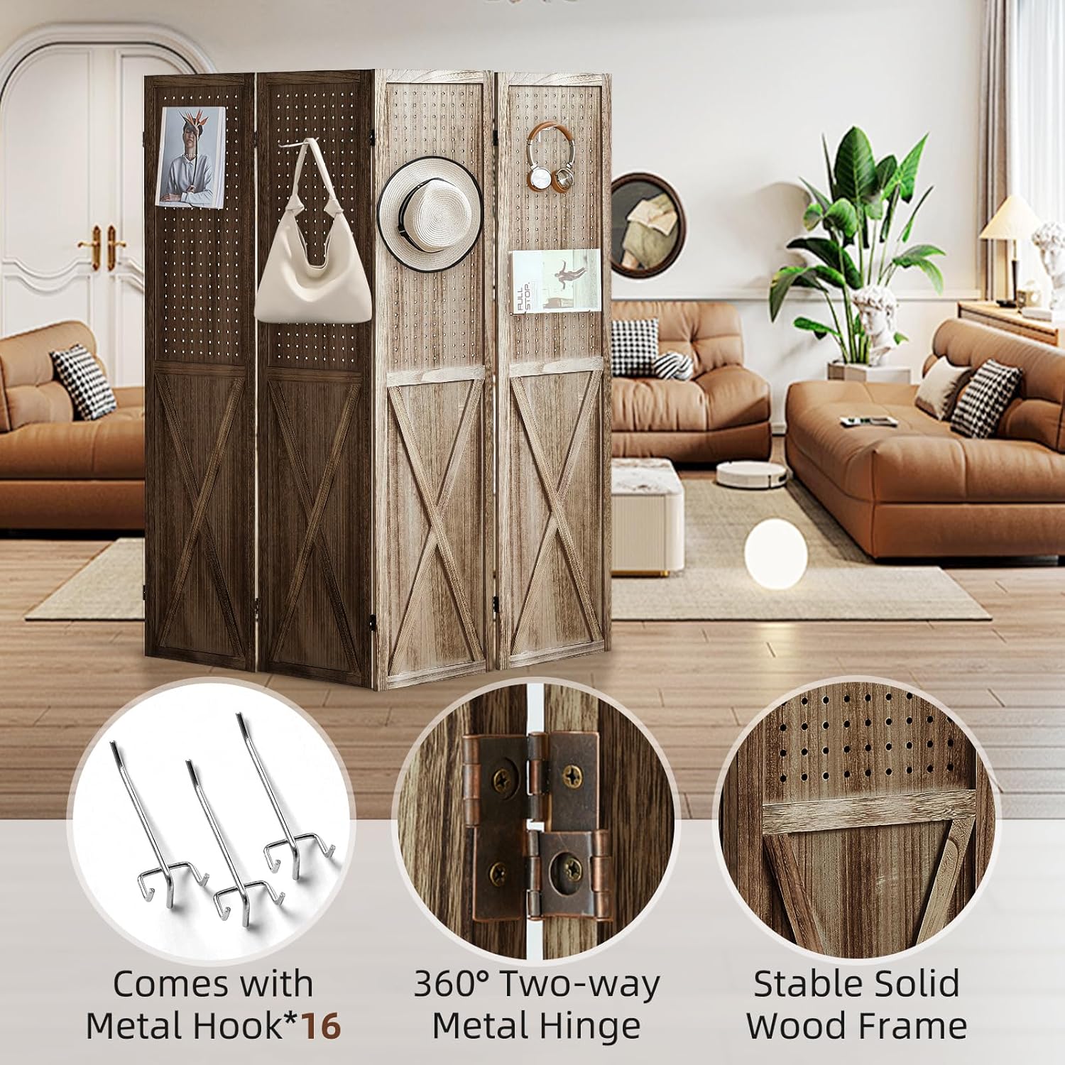 Pegboard Display Wood Room Divider 4 Panel, Folding Privacy Screens, Peg Board Room Divider, 5.6Ft Room Divider, Portable Pegboard Display Stand Organizer for Art, Jewelry, Craft Shows (Brown)