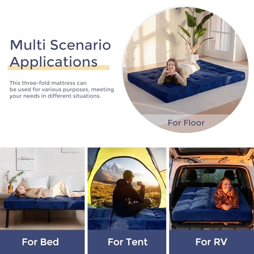 MAXYOYO Tri-Fold Mattress, 6 Inch Tufted Folding Mattress Full Foam Bed, Foldable Floor Mattress Guest Bed Mattress Topper Portable Camping Sleeping Bed with Corded Fabric, Black, 53"x75"
