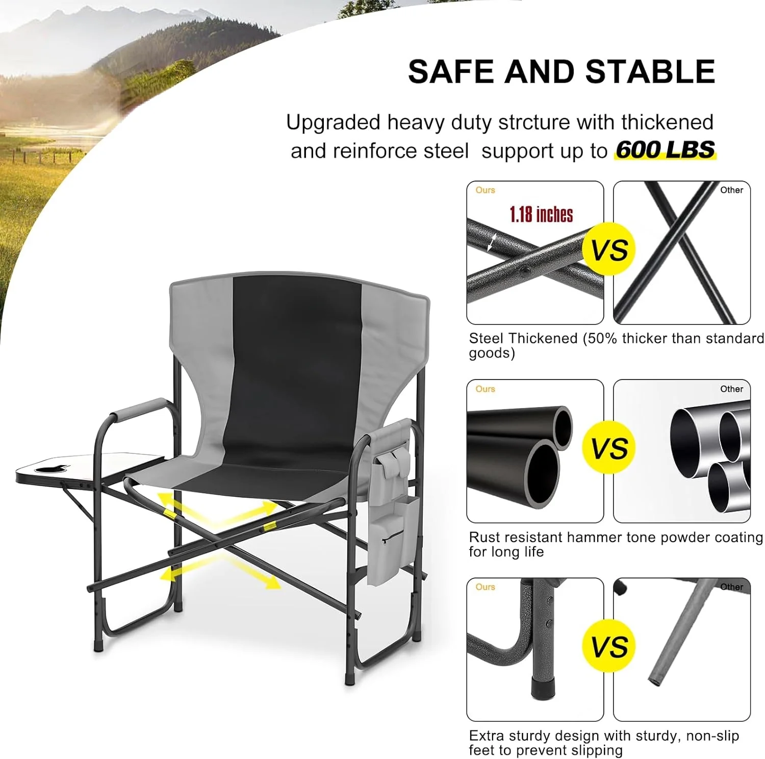 Oversized Director Camping Chair,600 LBS Heavy Duty Folding Chair,24"Cozy Outdoor Chair,With Cup Holder and Adjustable Table Folding Chair for Outside Beach,Lawn,Fishing,Camping,Patio,Makeup
