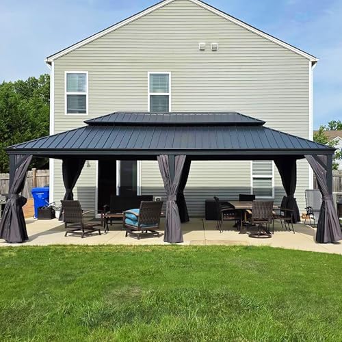 PURPLE LEAF 10' X 14' Permanent Hardtop Gazebo Aluminum Gazebo with Galvanized Steel Double Roof for Patio Lawn and Garden, Curtains and Netting Included, Grey