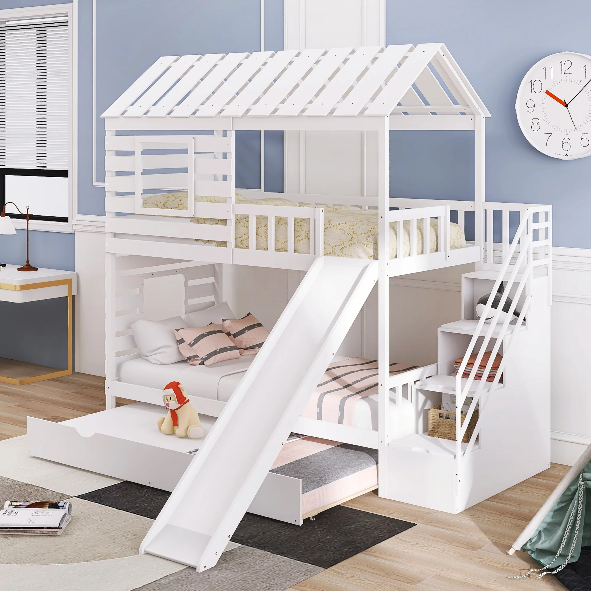 Stairway House Bed Solid Wood Twin over Twin Bunk Bed with Trundle and Slide, Storage Staircase, Roof and Window Design for Toddler Kids Teens