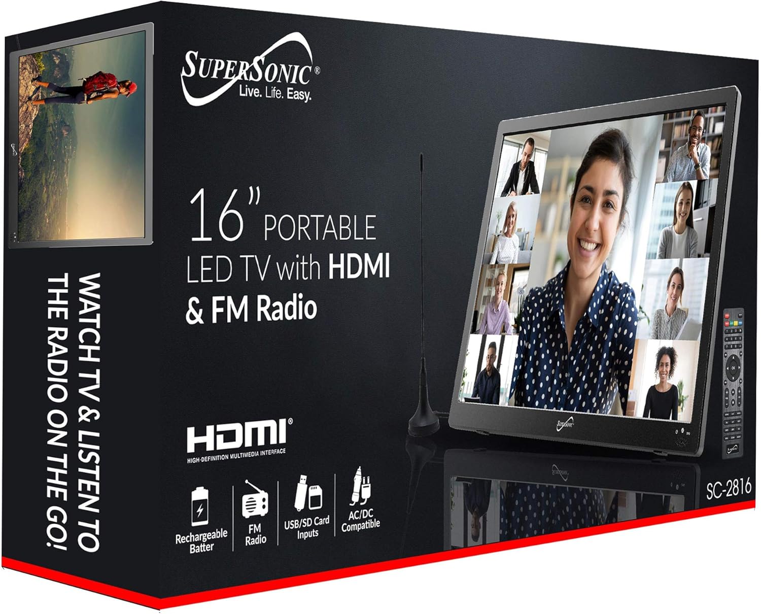 SuperSonic SC-2813 13 Portable Widescreen LED TV with USB/SD Inputs, HDMI, FM Radio, Rechargeable Battery and AC/DC Compatible for Home, RVs, Boats, Camping
