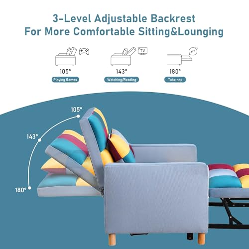 Sofa Chair Pull-Out Bed with Adjustable Backrest, 3 in 1 Convertible Multi-Function Folding Ottoman Couch with Pillow for Living Room Apartment Small Space, Grey