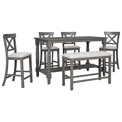 UBGO 6 6,6-Piece Counter Height Set Table with Shelf 4 Chairs and Bench for for Kitchen, Dining Room,Breakfast Corner, Gray-b