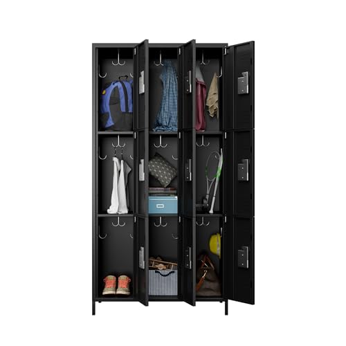 METAN Metal Storage Locker for School Office Gym Bedroom, 12 Doors Locker Cabinet for Employees, Industrial Steel Storage Locker with 12 Hooks, Assembly Required (12 Door-Light Gray)