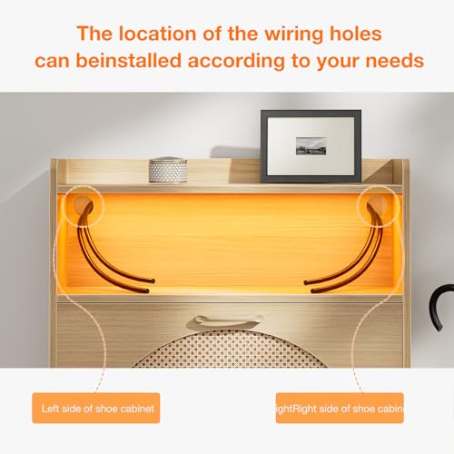 LED Rattan Shoe Storage Cabinet with 2 Flip Drawers,Freestanding Narrow Shoe Organizer Rack Slim Wood for Entryway,Foyer,Hallway,Living Room,Natural