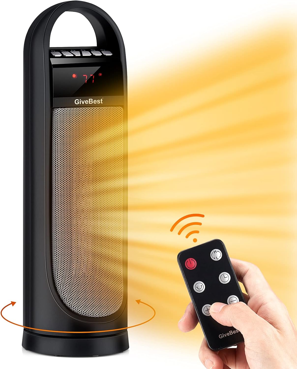 GiveBest Tower Space Heater, Portable Ceramic Heater 1500W/900W with Remote Control, Timer, Thermostat, Overheat & Tip-Over Protection, Rotating Electric Heater for Room Home Office Garage Indoor Use