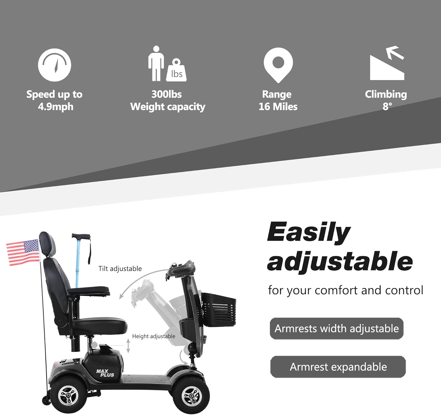 Metro Mobility 4 Wheel Motorized Scooter for Adults - 300 lbs Capacity Powered Mobility Scooters for Seniors, Travel - 9'' Large Pneumatic Tires & Crutch Box - Grey