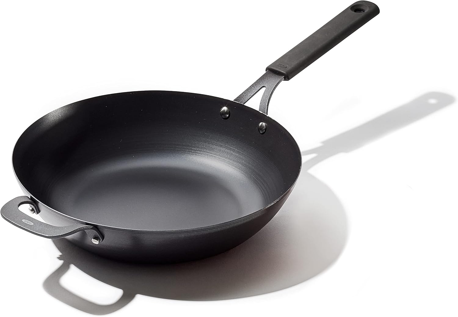 OXO Obsidian Pre-Seasoned Carbon Steel, 12" Wok Pan with Removable Silicone Handle Holder, Induction, Oven Safe, Black Pack of 2