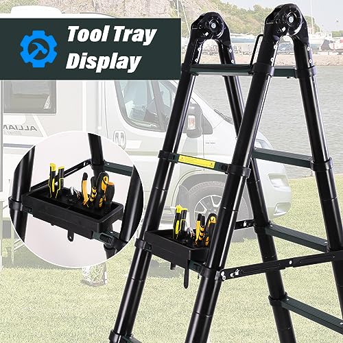 15.5FT Telescoping Extension Ladder, Extension Ladder with Triangular stabilizer, Foldable Aluminum Retractable Collapsible Ladders for Household and RV Outdoor Work 330 lbs Load