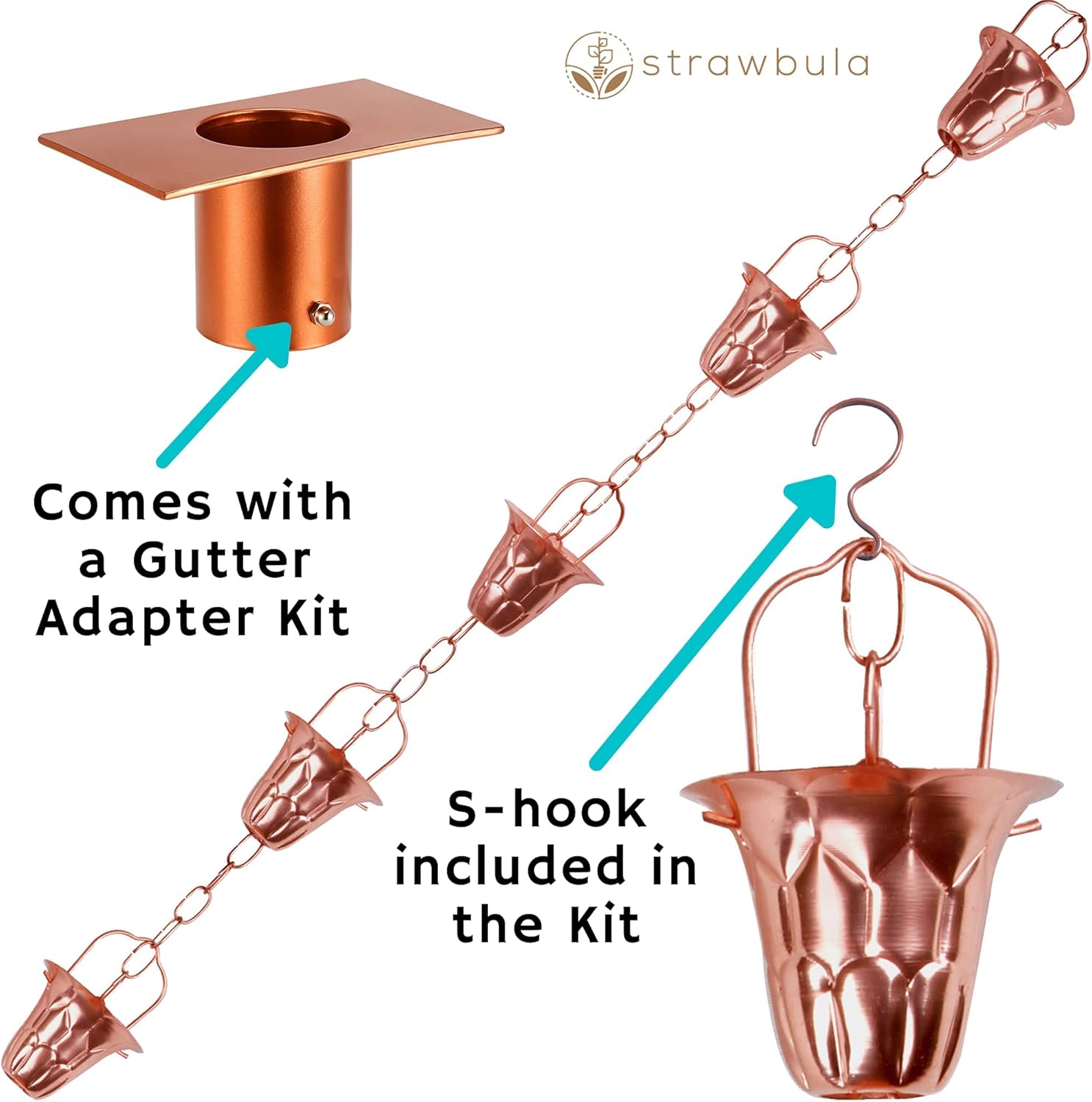 Strawbula Rain Chains for Gutters - Rain Chain for Downspouts for Heavy Rain - Premium Quality Antique Copper Rain Chains with Rain Chain Gutter Adapter, Decorative Rain Catcher Chimes for Gutter Pack of 2