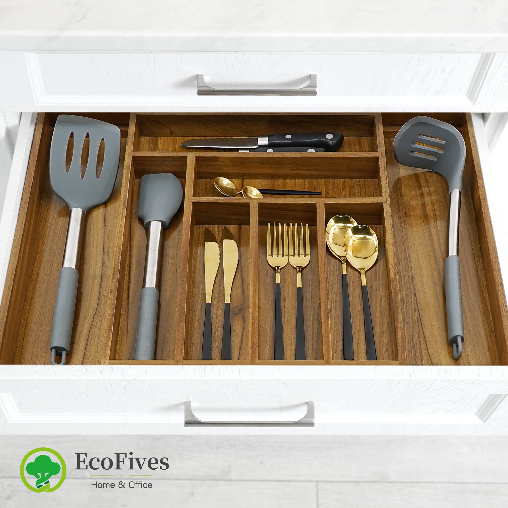 Acacia Cutlery Tray Organizer, Adjustable Kitchen Drawer Divider for Flatware, 8 Compartment Utensil Holder, Fits Standard Drawers, Multipurpose Storage, Brown