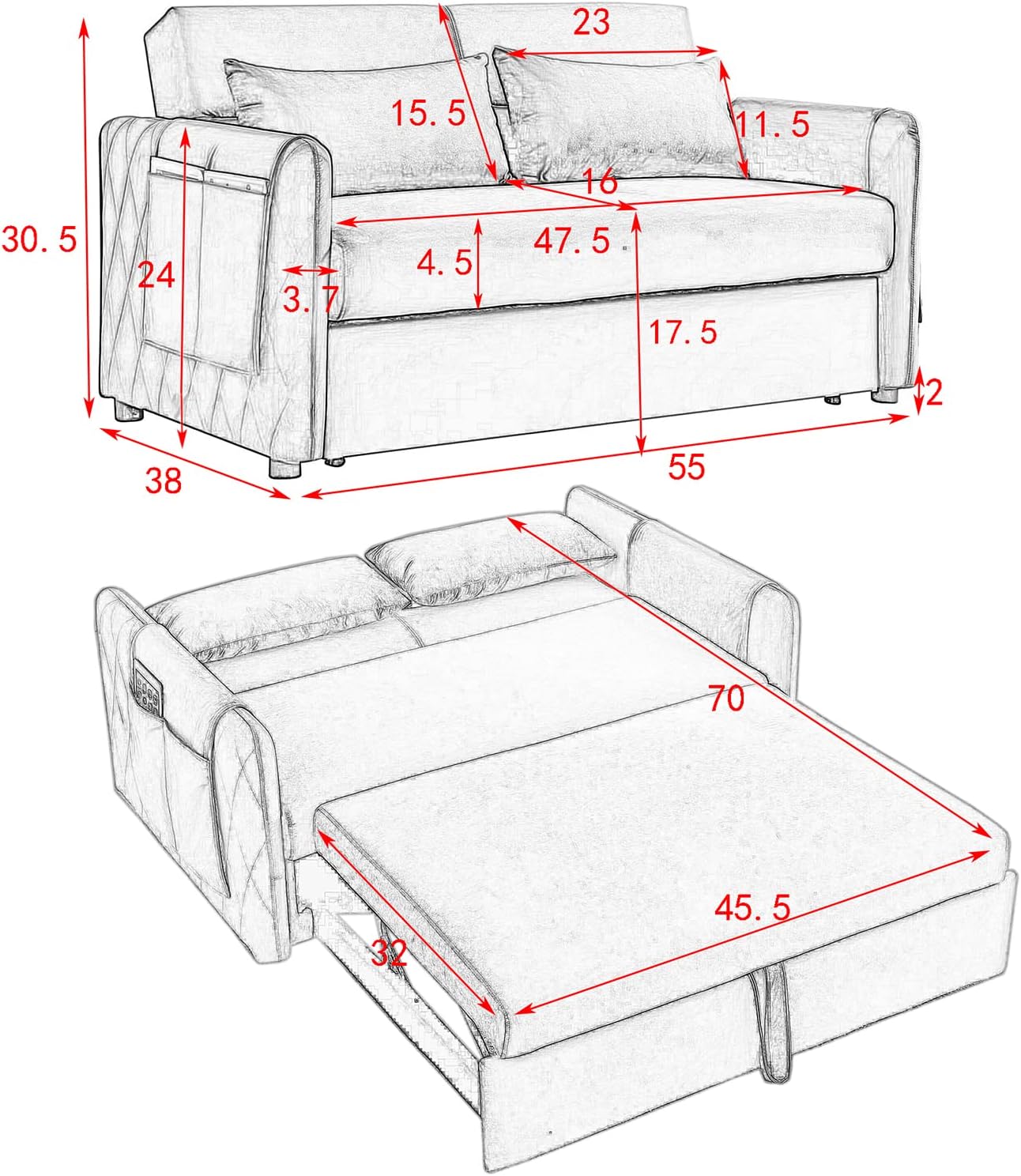 Ucloveria Sleeper Sofa Couch w/Pull Out Bed, 55" Modern Velvet Convertible Sleeper Sofa Bed, Small Love seat Sofa Bed w/Pillows & Side Pockets for Small Space, Living Room, Apartment