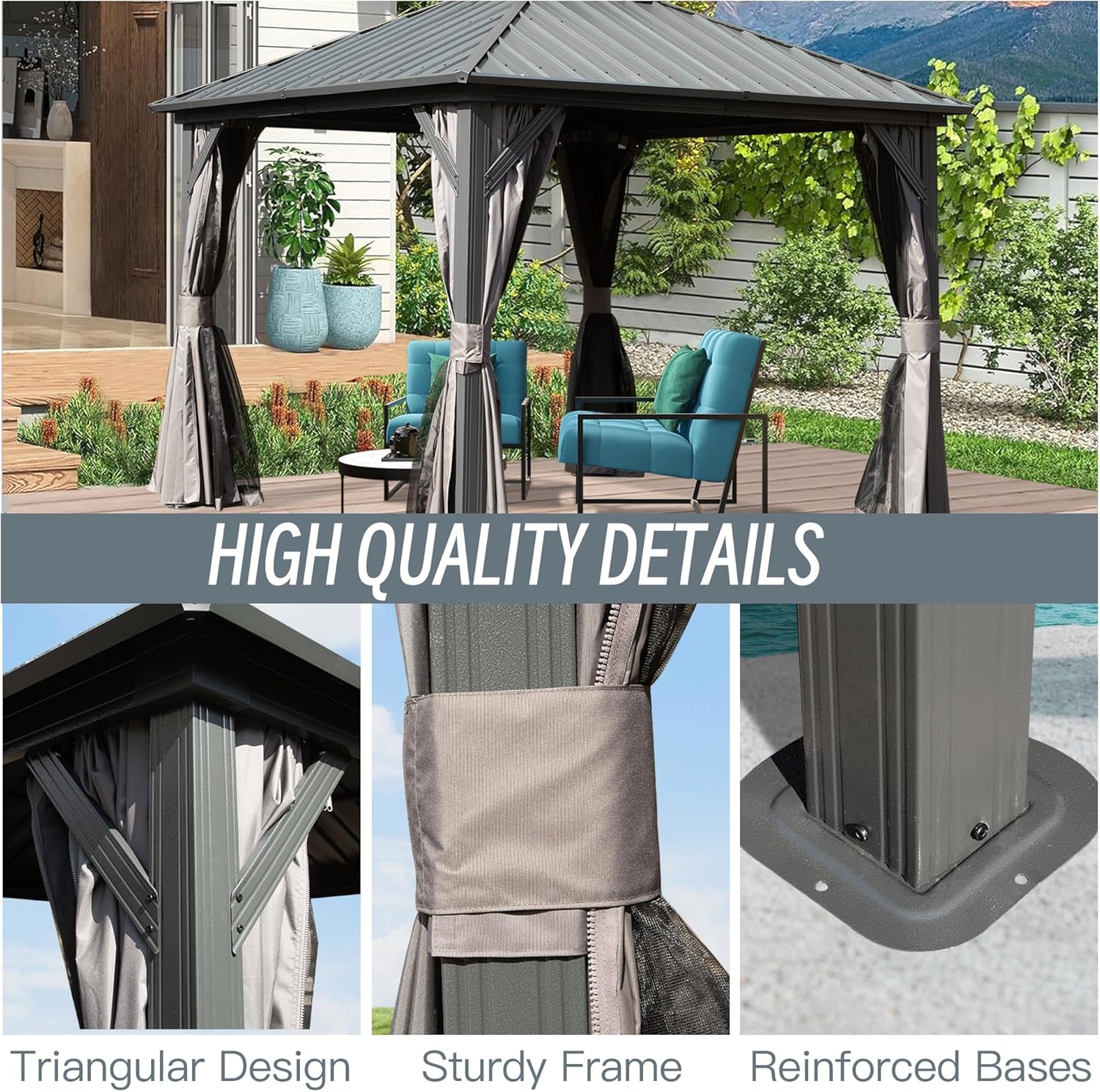 Domi 8x8FT Hardtop Gazebo, Outdoor Gazebo with Galvanized Steel Double Roof Canopy, Curtain and Netting, Metal Gazebo Pavilion for Patio, Lawn, Garden, Gray