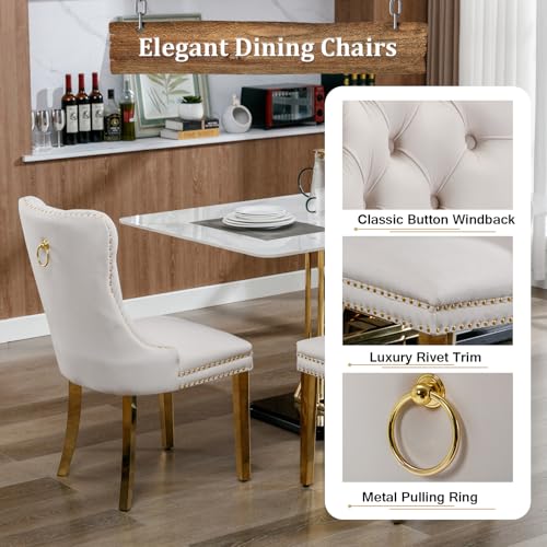 7 Piece Marble Dining Table Set for 6, Luxury White Marble Gold Kitchen Table with 6 Grey Velvet Upholstered Chairs, Modern 6 Person Dining Room Table Set for Kicken Dining Office Room