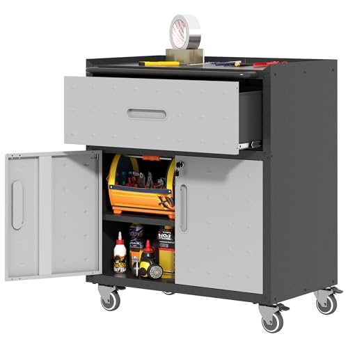 Metal Storage Cabinet with Wheels, Lockable Garage Cabinet with Doors and Shelves, Rolling Tool Storage, Assembly Required, Black