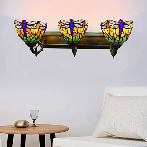 TFCFL Tiffany Victorian Wall Sconce, 3-Light Vanity Light Fixtures Stained Glass Lampshade Dragonfly Over Mirror Lamp for Bathroom Bedroom Living Room Hotel