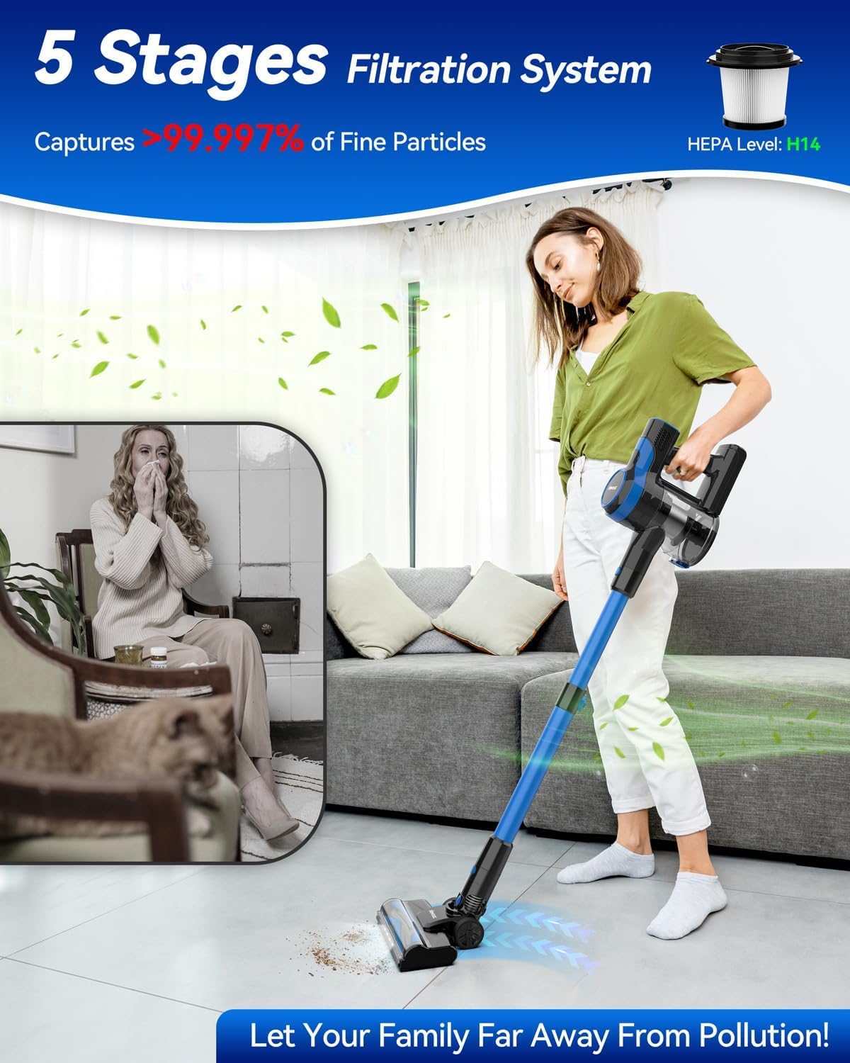 DEVOAC Cordless Vacuum Cleaner, Lightweight with Rechargeable Battery, Convenient 6 in 1 Handheld Stick Vacuum Cleaner with Powerful Suction for Carpet Hard Floor Pet Hair Home