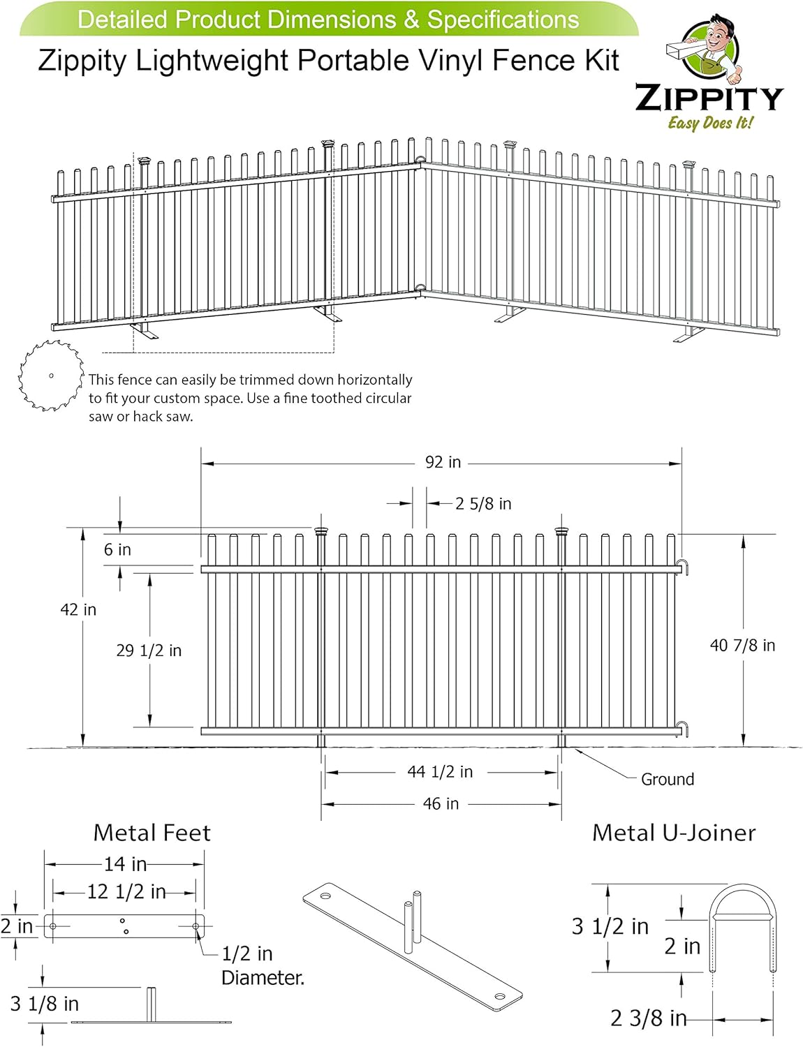 Zippity 42" H x 92" W Lightweight Portable Vinyl Picket Fence Kit w/Metal Base and 30" x 56.5" No Dig Madison Vinyl Picket Fence, 2 Panels