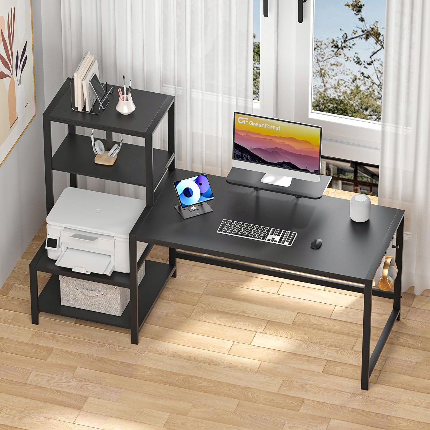 GreenForest Folding Desk No Assembly Required Small Size and Computer Desk with Storage Printer Shelf 58 inch