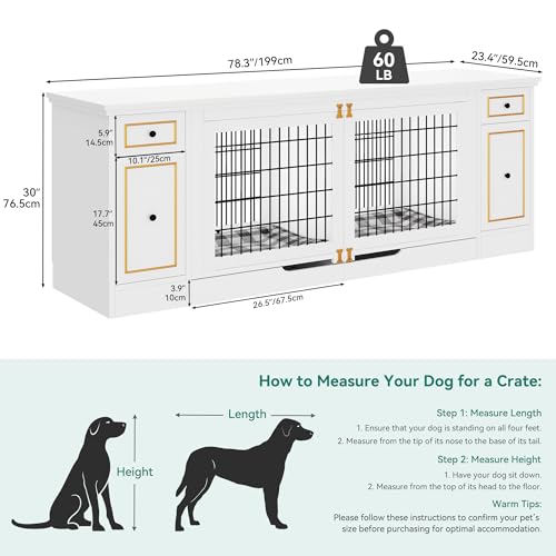 YITAHOME Double Dog Crate Furniture with Tray, 79" Dog Kennel TV Stand with Storage, Wooden Large Dog Kennel for 2 Small/Medium Dogs, White