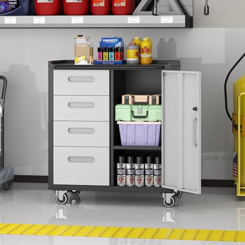 Metal Storage Cabinet with Wheels, Lockable Garage Cabinet with Doors and Shelves, Rolling Tool Storage, Assembly Required, Black