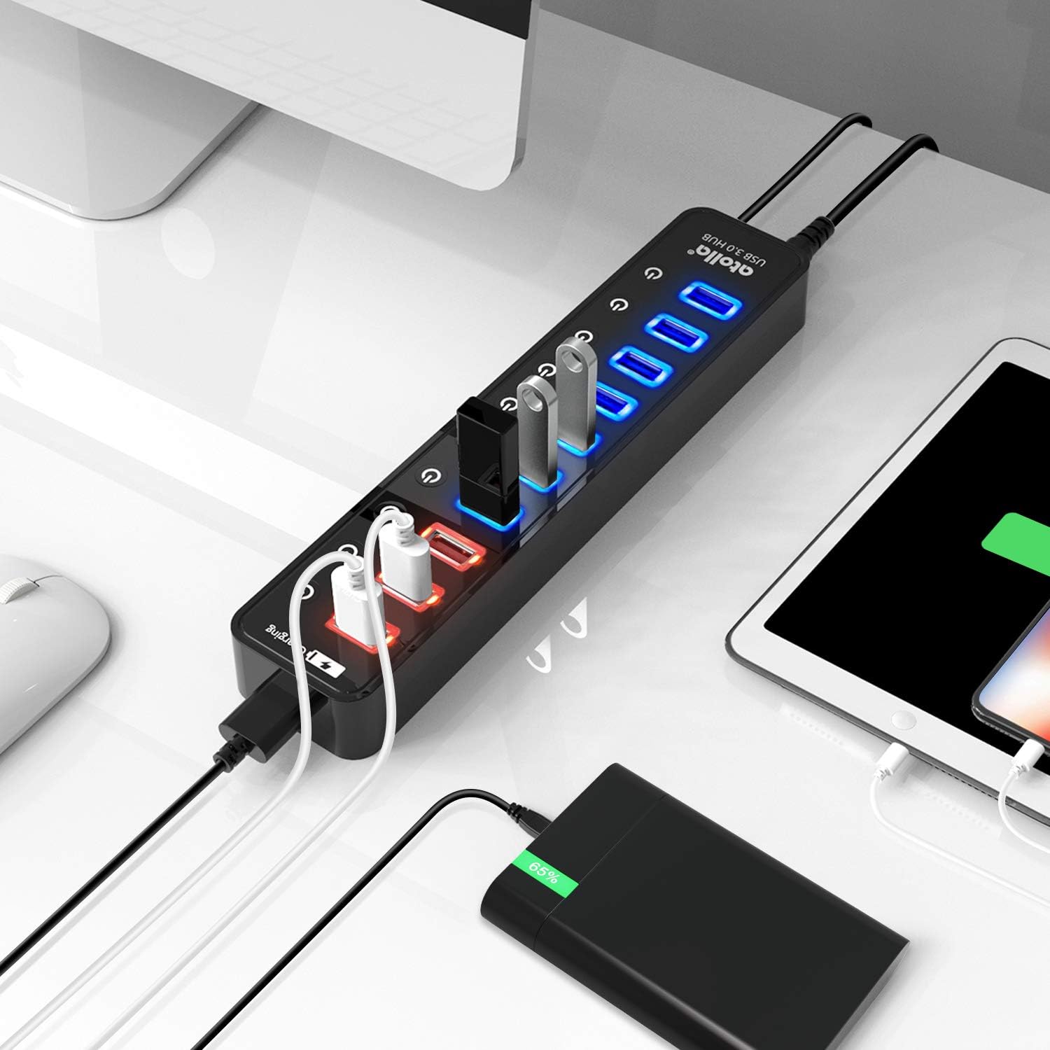 Powered USB 3.0 Hub, Atolla USB 3.0 Data Hub 11 Ports - 7 USB 3.0 Data Ports + 4 Smart Charging Port with Individual On/Off Switches and 12V/4A Power Adapter USB Hub 3.0 Splitter Pack of 2