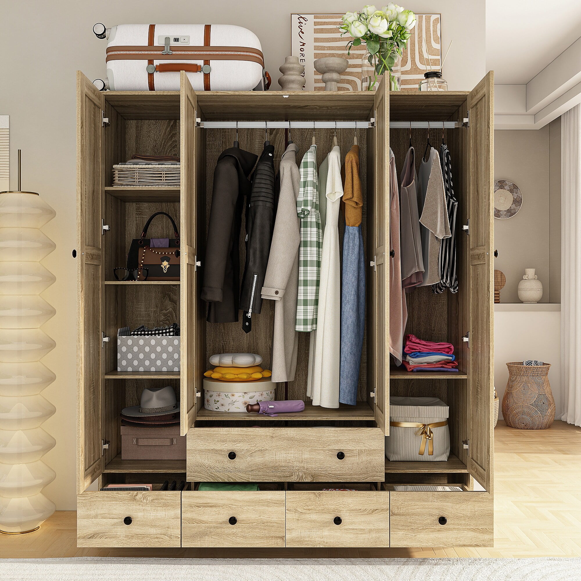 Wardrobe Armoire Closet 59"W Large Freestanding Wardrobe Cabinet White Wood